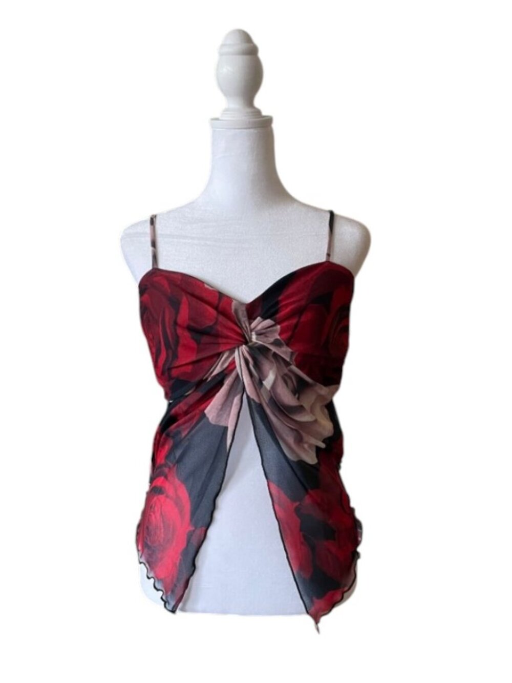 Zenobia Y2K Red/Black/ Rose Mesh Cami Top Twist Front Sheer Floral - Size S or M